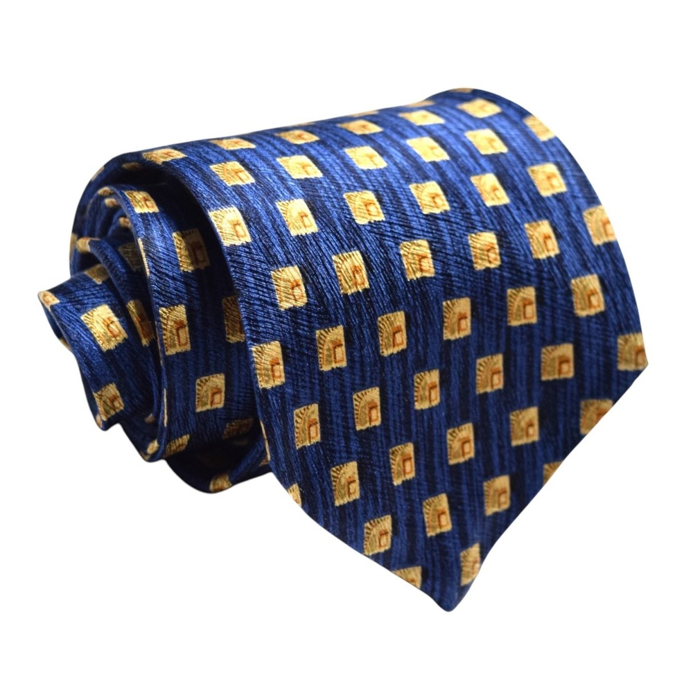 Robert Talbott Hunt Club Clothier Silk Tie Blue Gold Geometric Vintage Hand Sewn